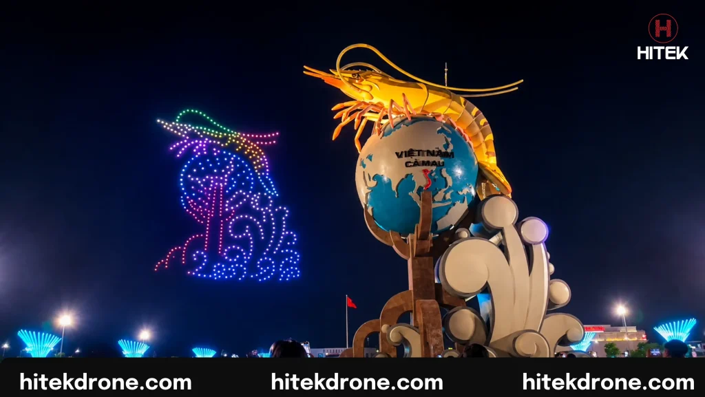 Biểu tượng con tôm, cây đước được Hitek Drone tái hiện trên bầu trời Cà Mau